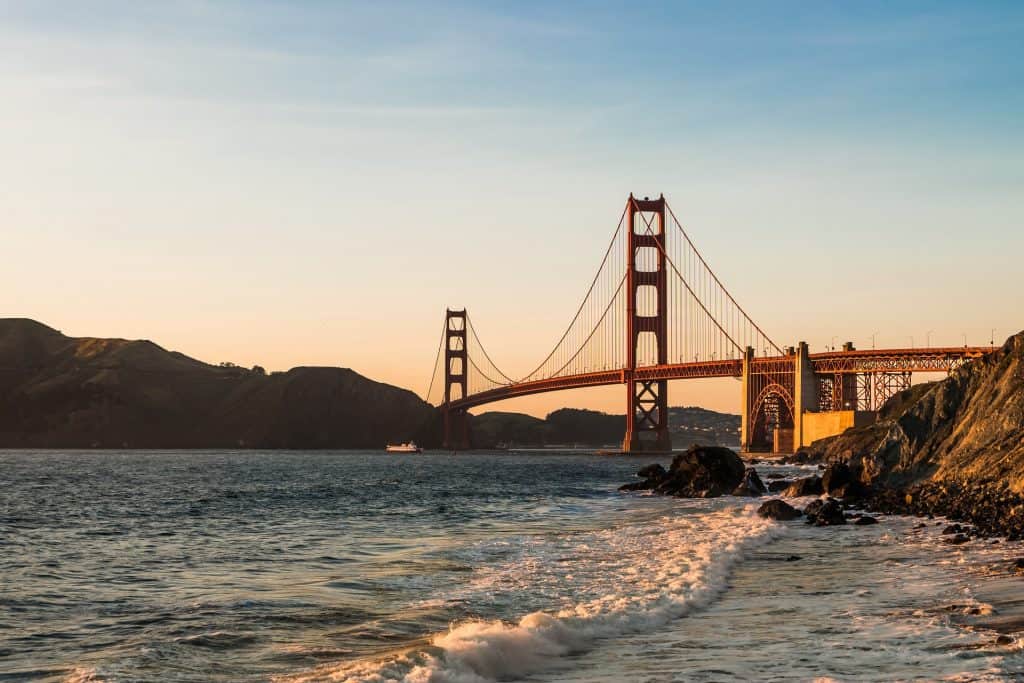 Golden Gate Bridge at sunset in San Francisco, California.