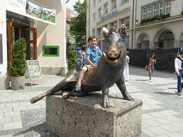 Jonah in Munich on Pig Statue