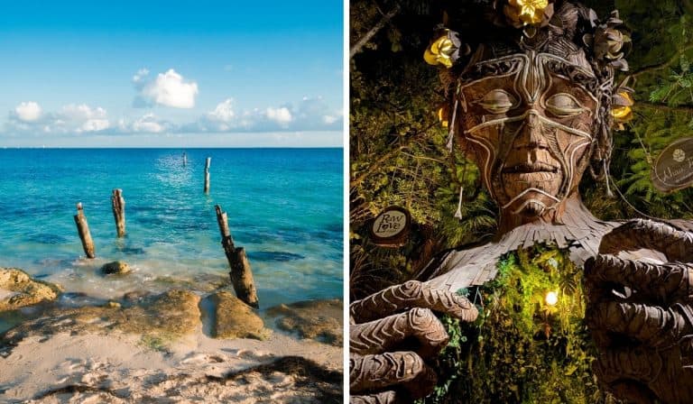 Two photos side by side, one showing a beach on Playa del Carmen and one showing a sculpture in Tulum.