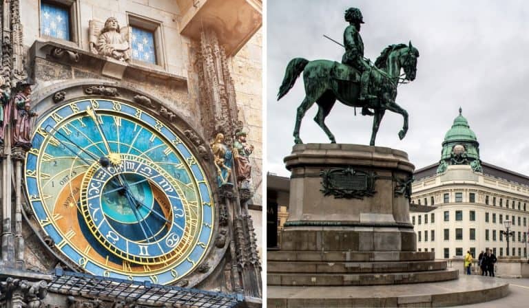 Prague astronomical clock next to Vienna's Hofburg Palace